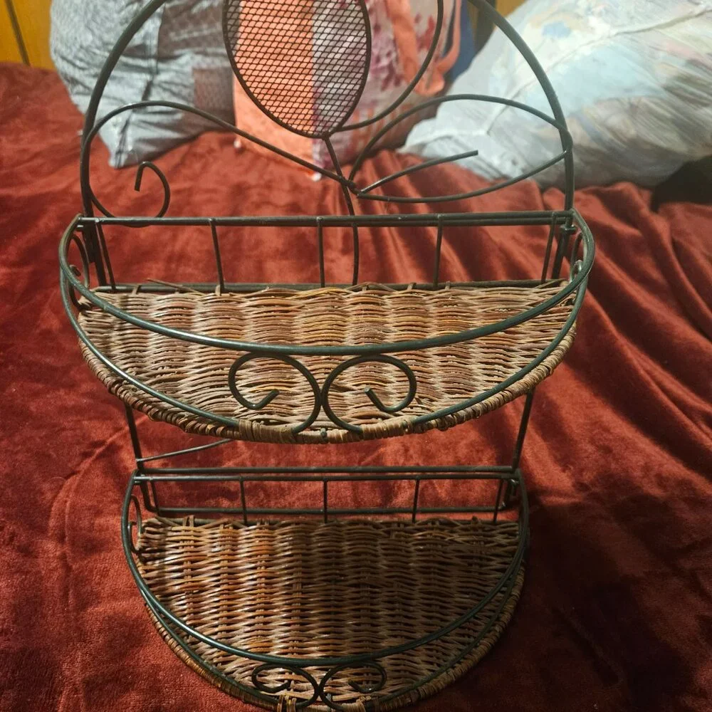 2 tier wicker shelf metal and wicker